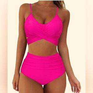 NWOT - Neon / Hot Pink High Waisted Swimsuit; Two Piece Bikini Set; Push Up